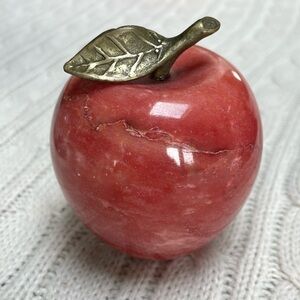 Vintage Red Marble Apple Paperweight w Brass Stem & Leaf in great condition